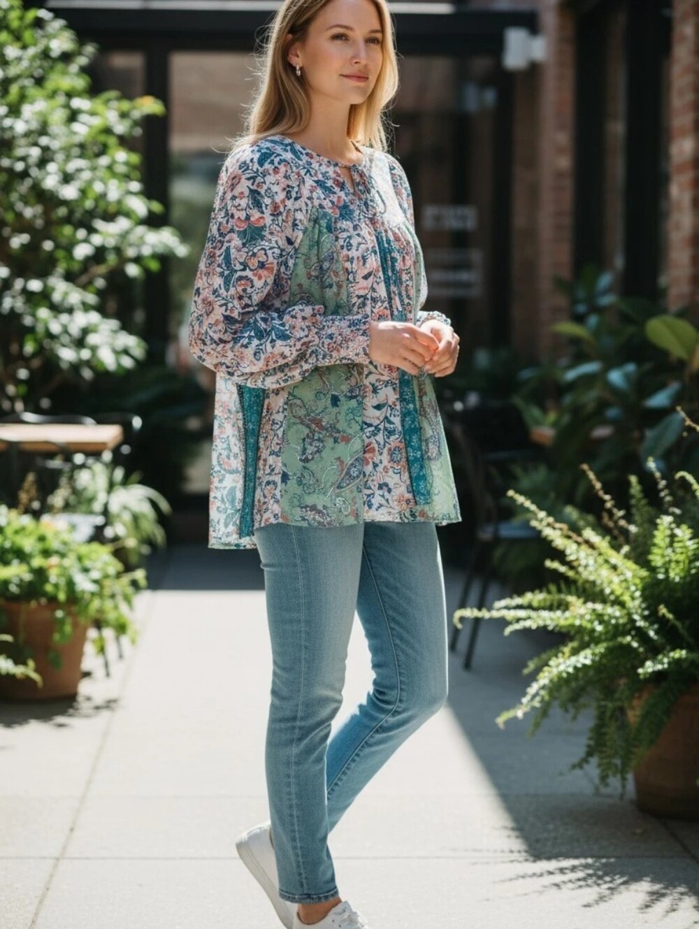 Cato mixed-print boho tunic Floral Patchwork Peasant Blouse Size Small